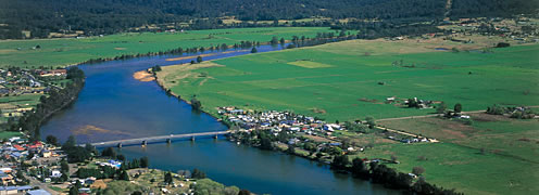 Aerial of Moruya River and Moruya town, renowned for markets and jazz festival