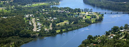 Aerial of Clyde River, Nelligen historical village and houseboats