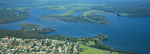 Tuross Head coastal village aerial located between Tuross River and Coila lake